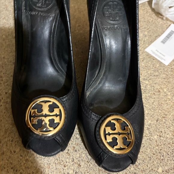 Tory Burch Black Wedges with Gold Logo Emblem - Picture 7 of 10